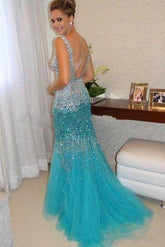 Crystal Beaded Mermaid Straps Long Prom Dresses Evening Dresses